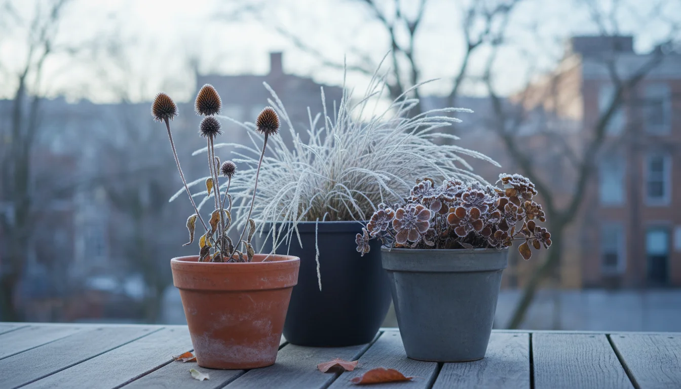 Eye-level shot of three balcony container plants with frosted, dried seed heads in late autumn, including coneflower, ornamental grass, and sedum.