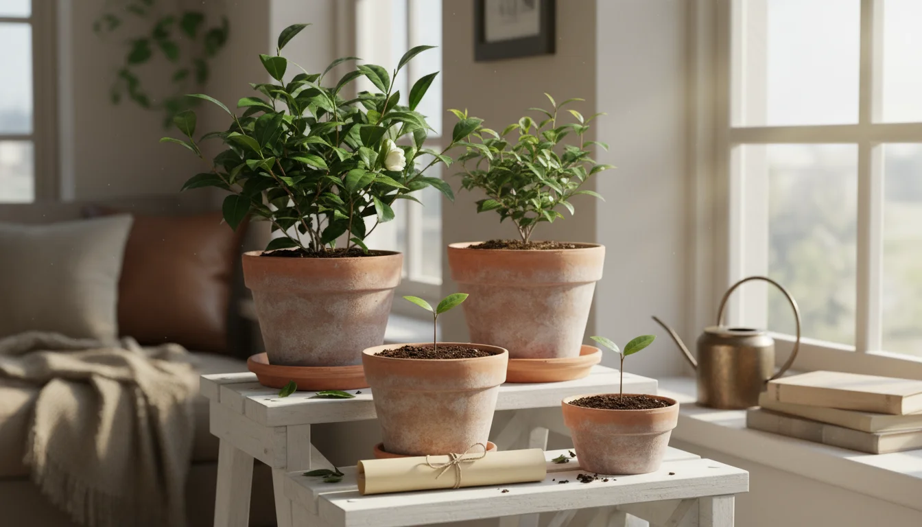 Three Camellia sinensis plants in terracotta pots on a sunny indoor shelf, with a small watering can, snips, and a soil moisture meter nearby.