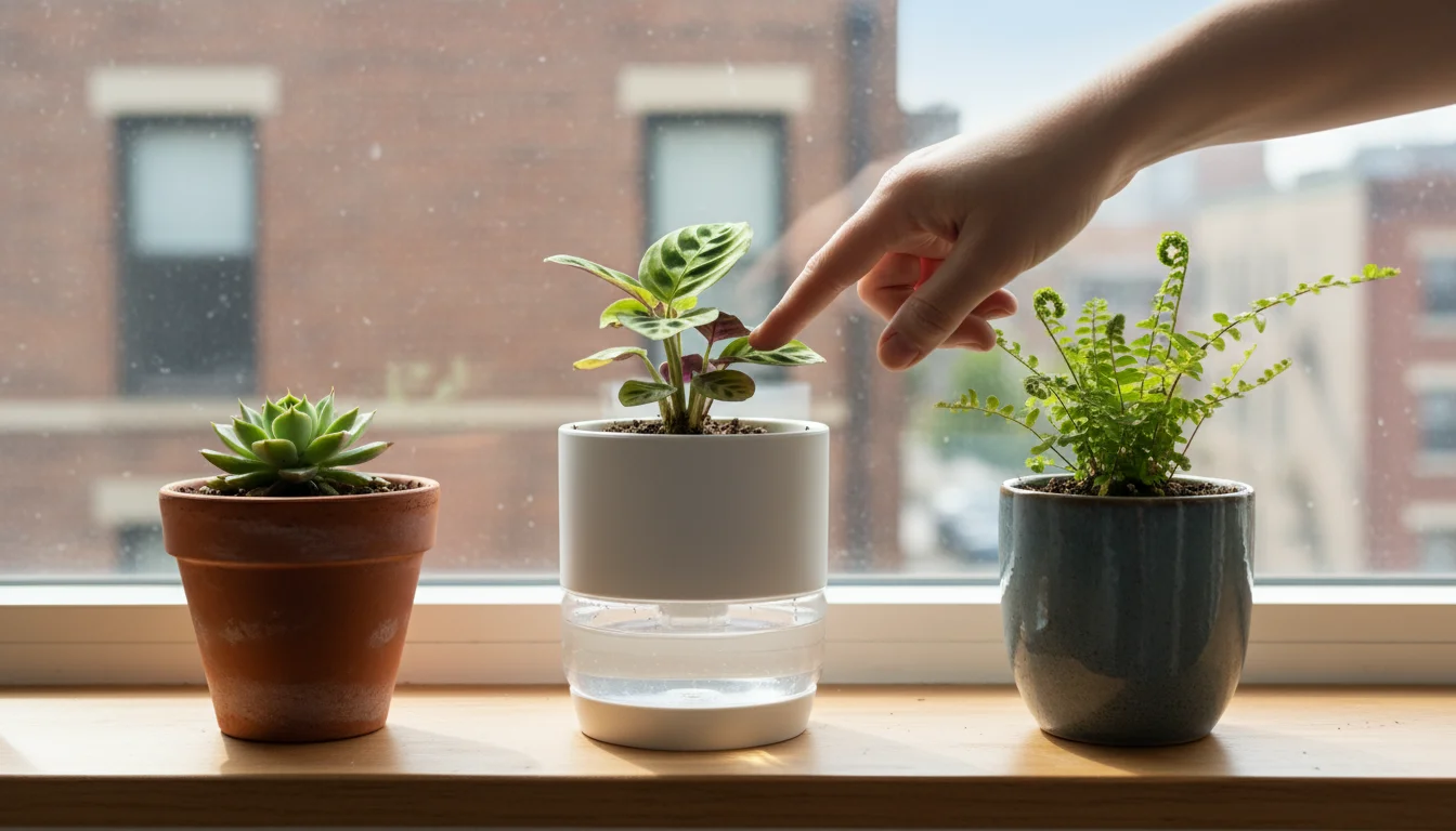 Three compact houseplants (succulent, prayer plant, fern) on a windowsill. One is a self-watering pot, a hand checks its soil.
