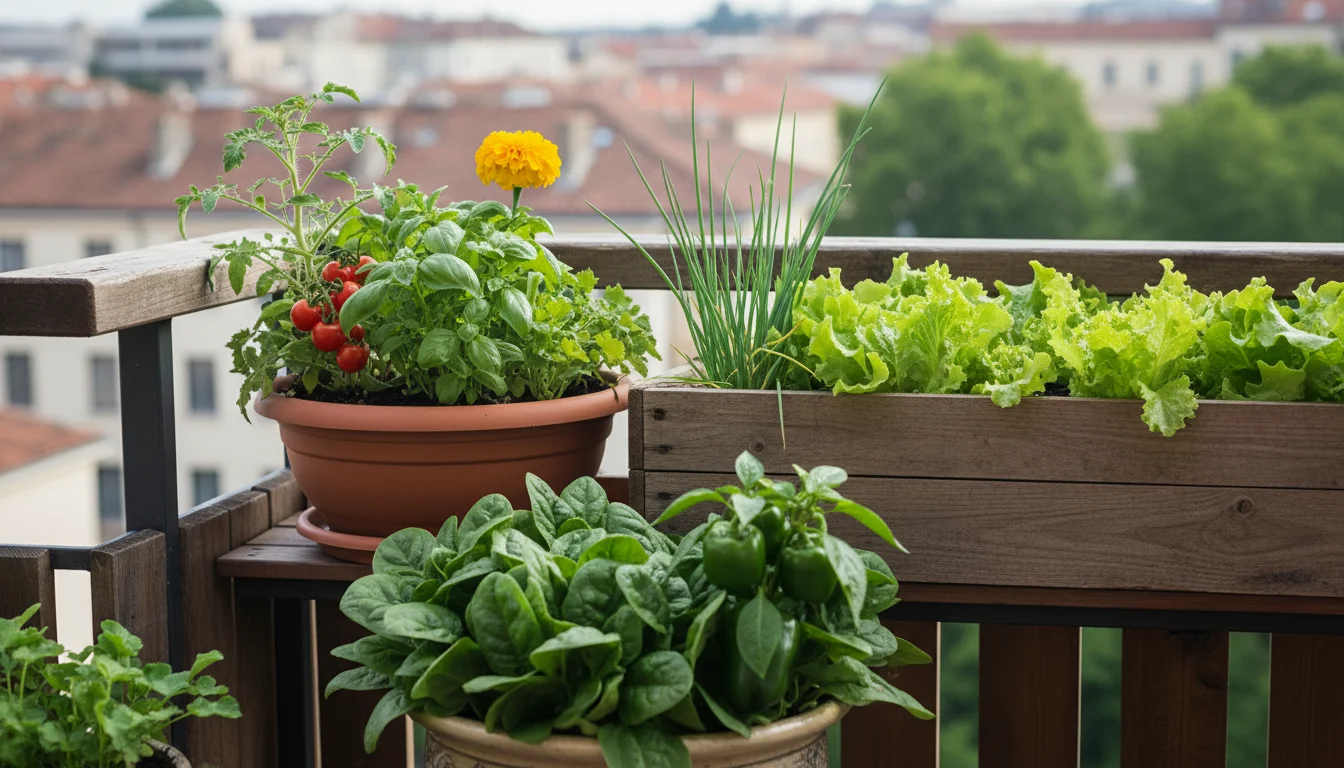 Three container gardens on a balcony: cherry tomato with basil and marigold, lettuce with chives, and bell pepper with spinach.