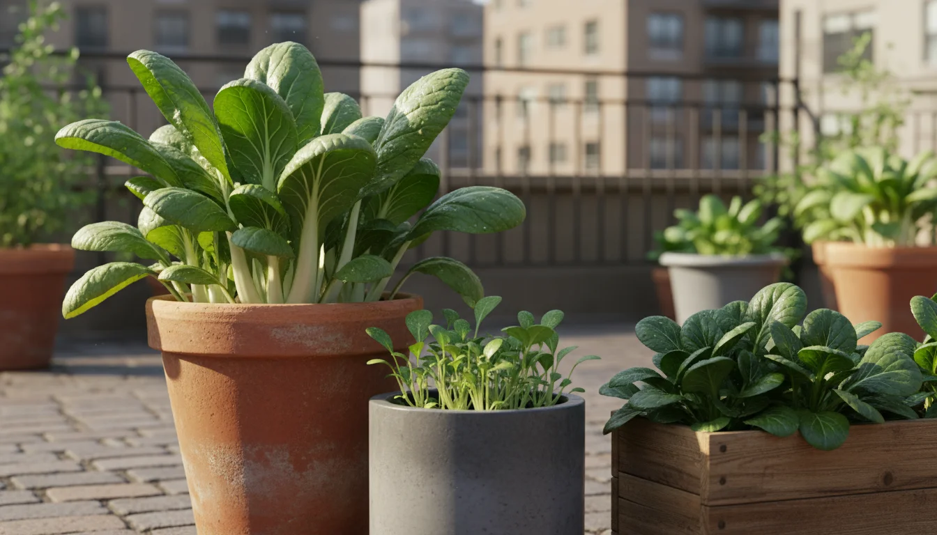 Three container-grown Asian greens: Joi Choi, Baby Choi, and Tatsoi, displayed on a patio, highlighting their distinct forms and leaf shapes.