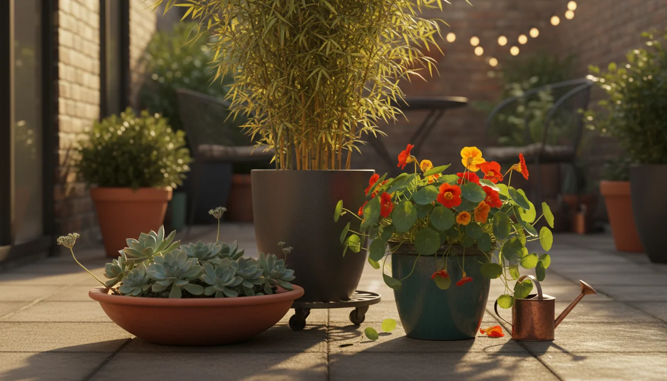 Close-up of three container plants arranged on a sunlit patio: tall grass on a wheeled base, succulents on an elevated pot, moss in a shallow dish.