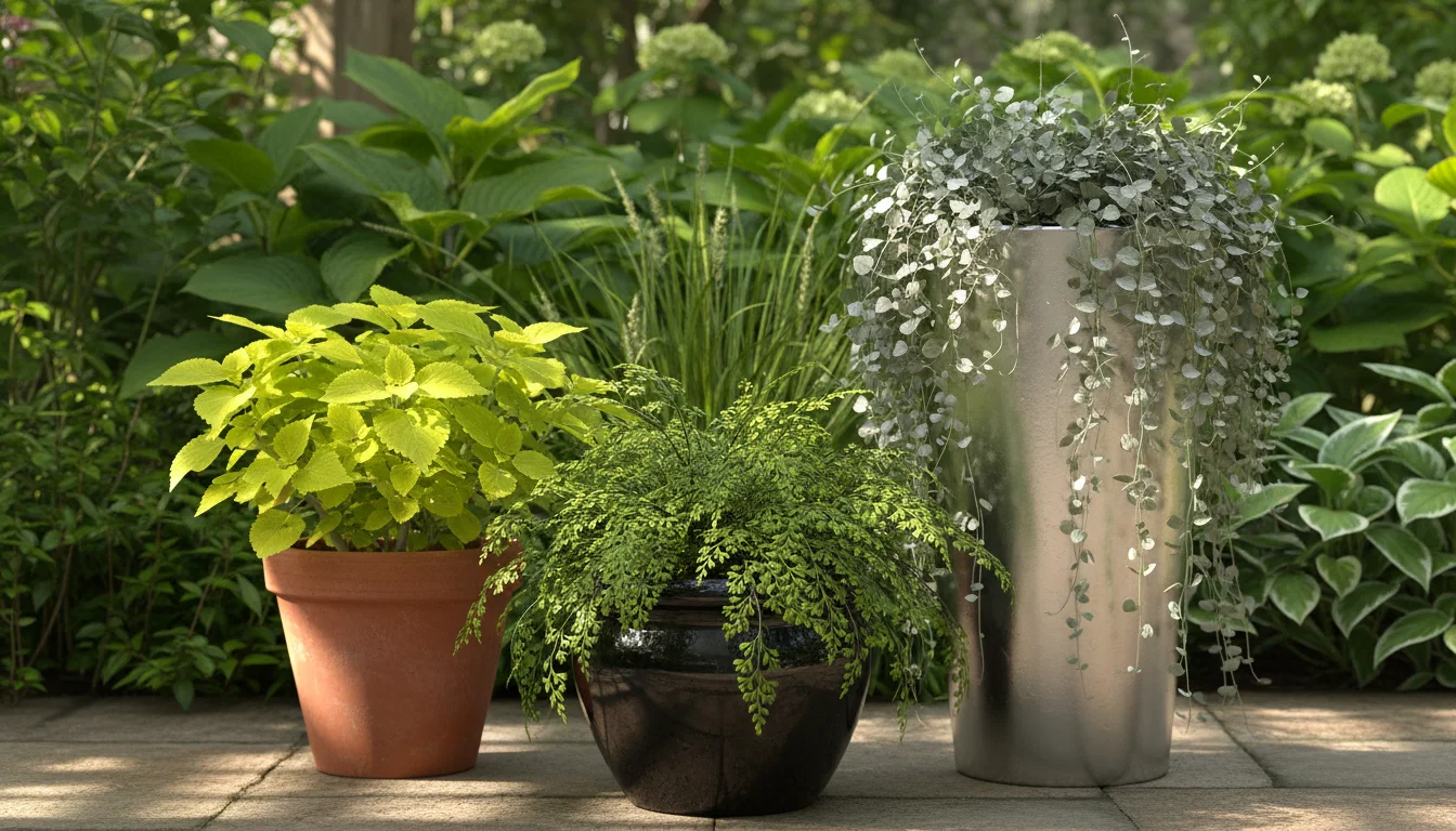Three container plants display varied foliage: chartreuse coleus, delicate maidenhair fern, and wispy silver Dichondra 'Silver Falls' on a patio.
