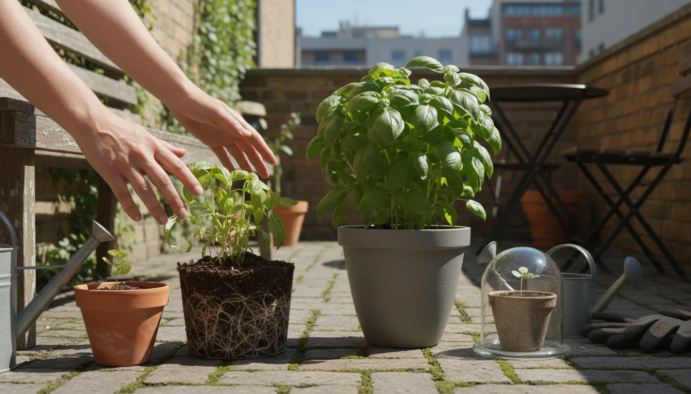 Three container plants on a patio bench: a stressed plant in a small pot, a thriving plant in a medium pot, and a tiny seedling in a large pot. Garden