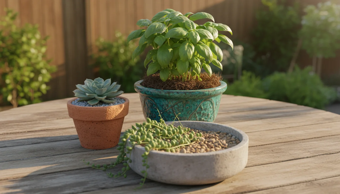 Three container plants on a patio table: small terracotta with fine gravel, medium glazed with coco coir, and a larger terracotta with wood chip mulch