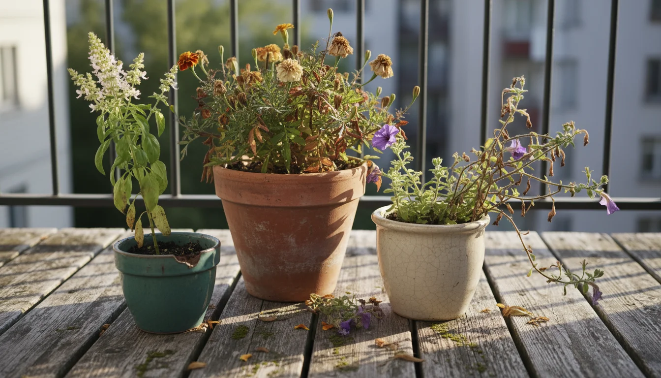 Three container plants on a weathered deck: a fading marigold, a leggy petunia, and a bolted basil plant, ready for fall cleanup.