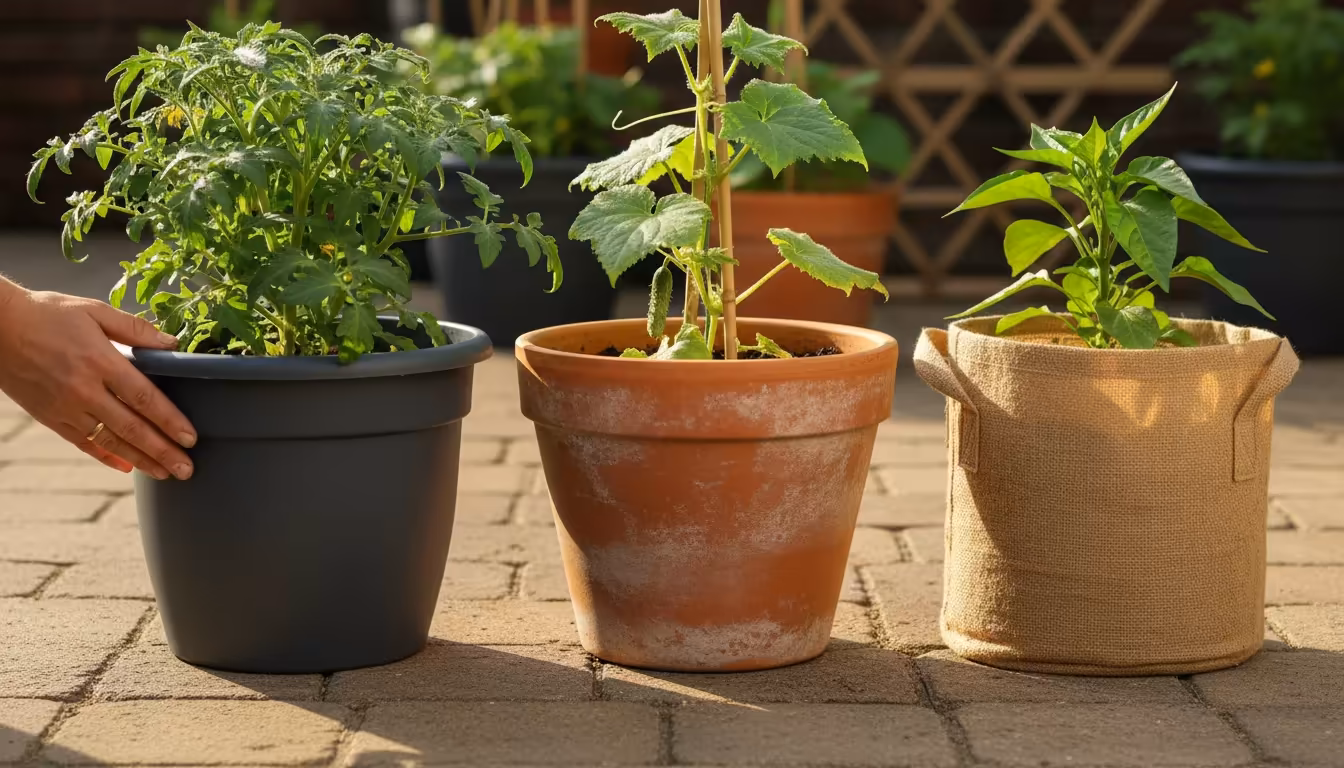 Three container pots: dark plastic, terracotta, and fabric grow bag, with vegetable plants on a warm patio. A hand touches the plastic pot.