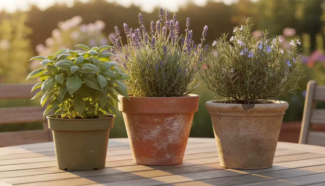 Three container pots – terracotta, plastic, and fabric – each holding a different plant, sit on a wooden patio table in warm sunlight.