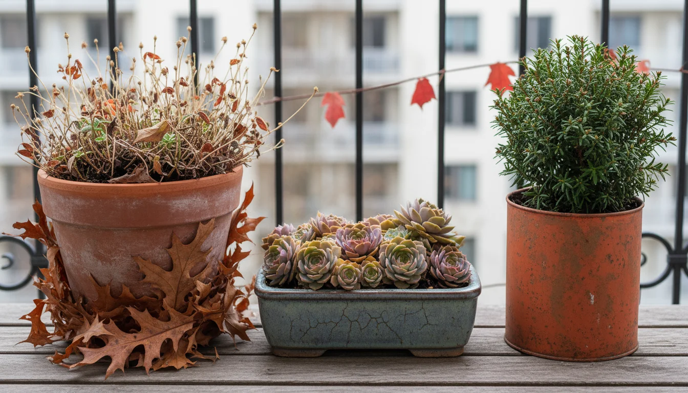 Three container pots on a wooden surface: A perennial covered in leaves, succulents with bare soil, and spent annuals in autumn light.