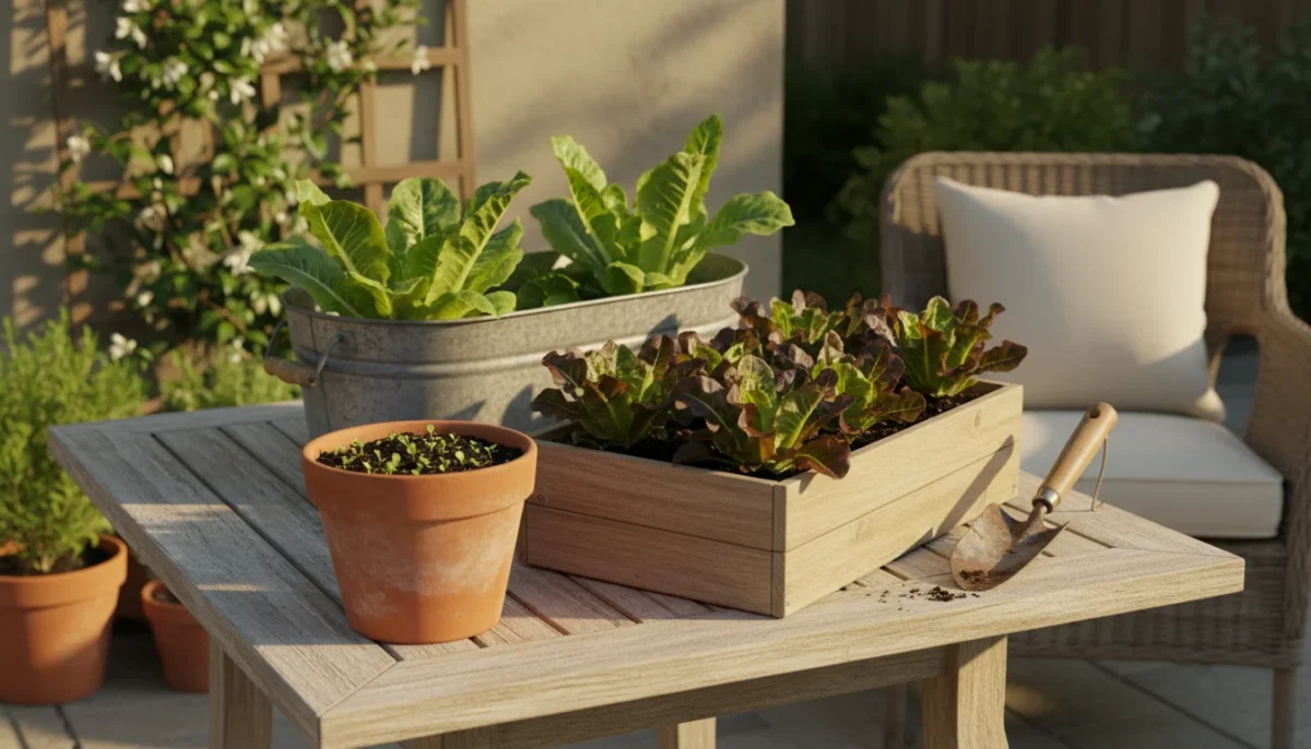 Three containers of salad greens at different growth stages on a patio table, illustrating succession planting.