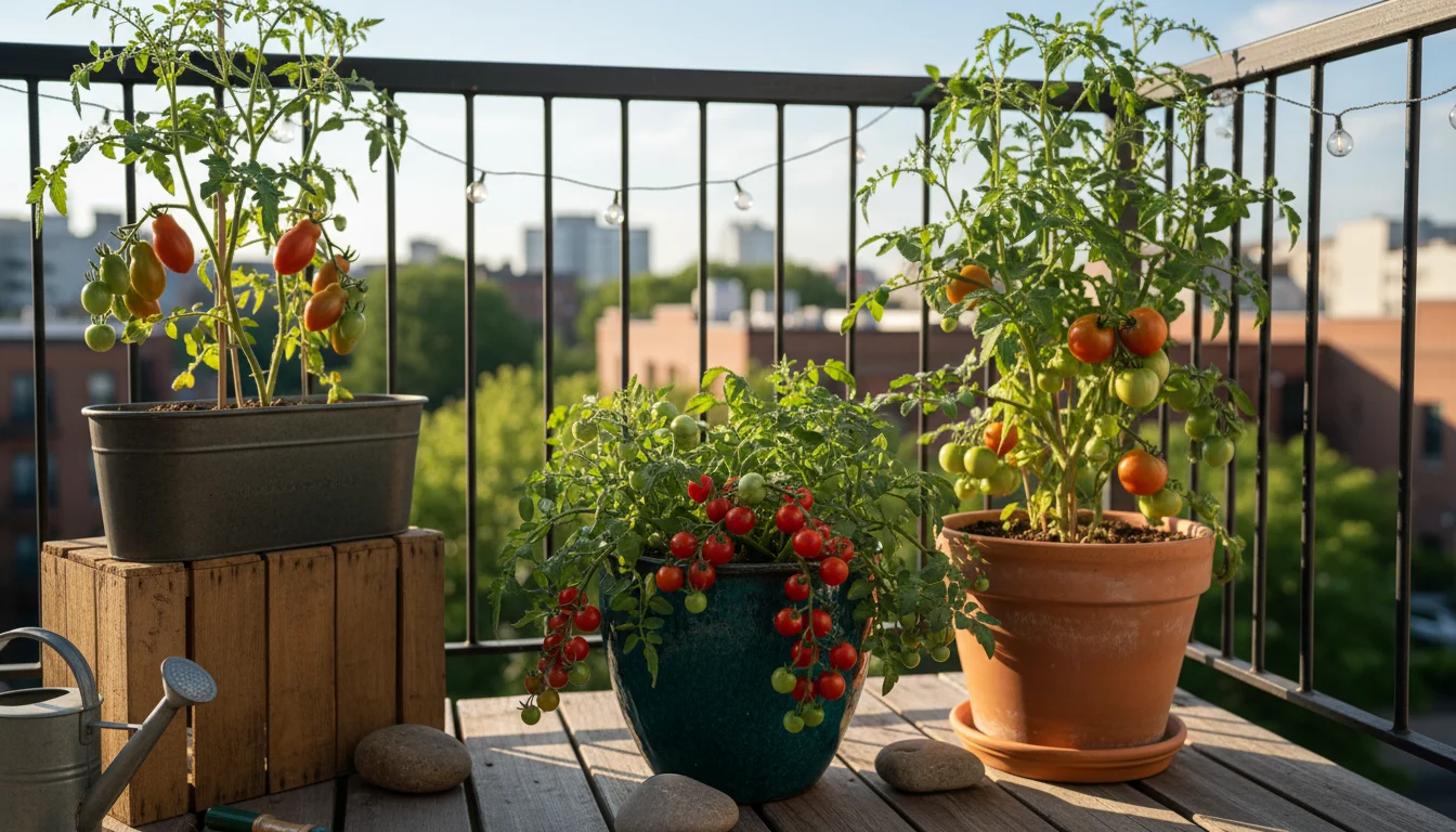 Three different compact tomato plants (Micro Tom, Patio Princess, Yellow Pear) thriving in stylish pots on a sunny urban balcony.