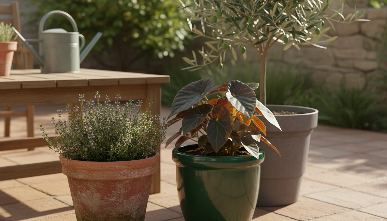 Three different container garden pots: a terracotta pot, a glazed ceramic pot, and a large plastic pot, on a sunny patio.