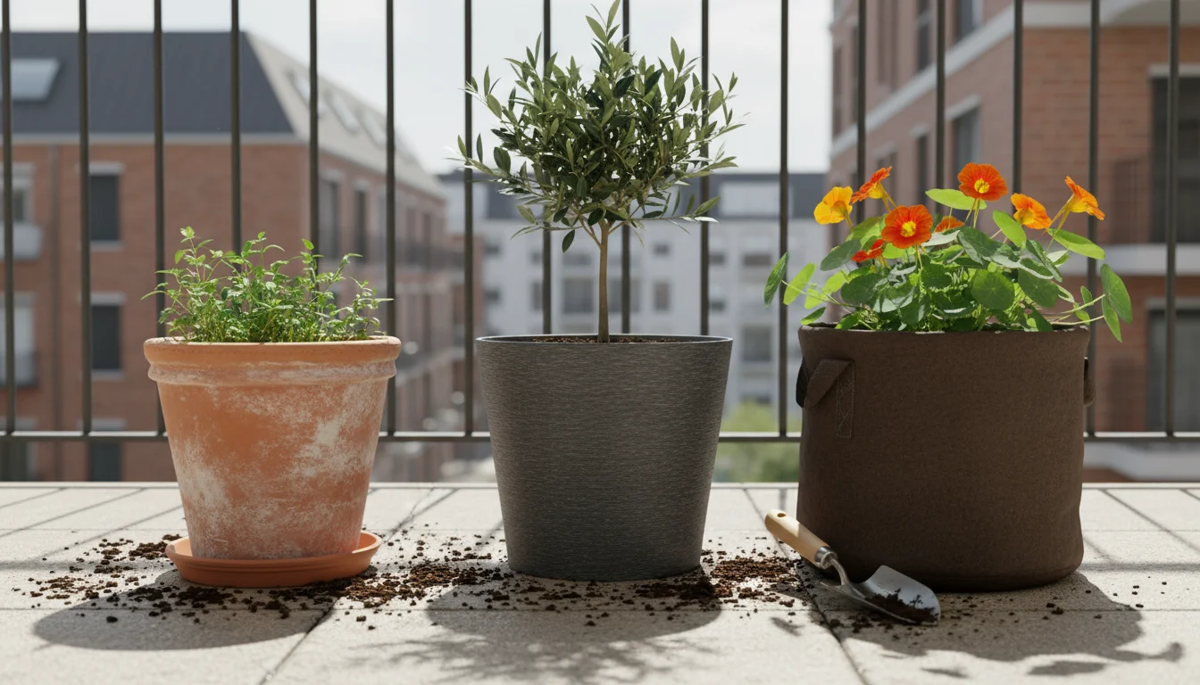 Three different empty garden pots—terracotta, plastic, and fabric—sit on a wooden balcony floor with a trowel.