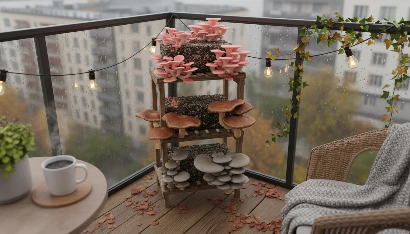 Three different mushroom grow kits arranged on a wooden plant stand on a small balcony, featuring vibrant pink oyster, rich brown shiitake, and emergi