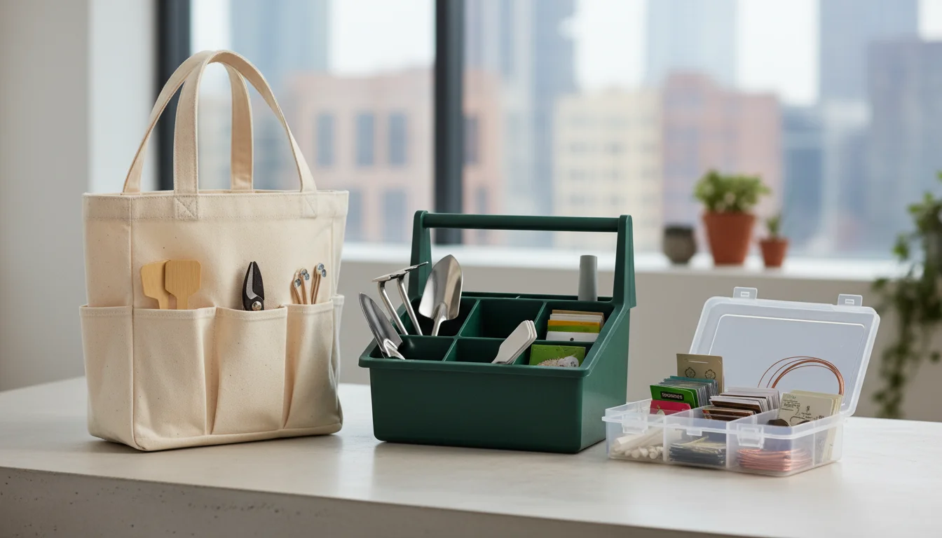 Three different types of containers for gardening tools—a canvas tote, a plastic caddy, and a craft box—displayed on a table.