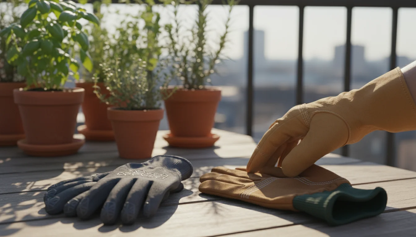Three different types of gardening gloves displayed on a balcony, one being examined by a gloved hand, showing construction details.