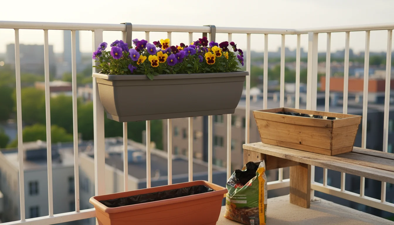 Three different window boxes: a fiberglass box with pansies on a railing, a plastic box on the ground, and a wooden box with a liner.