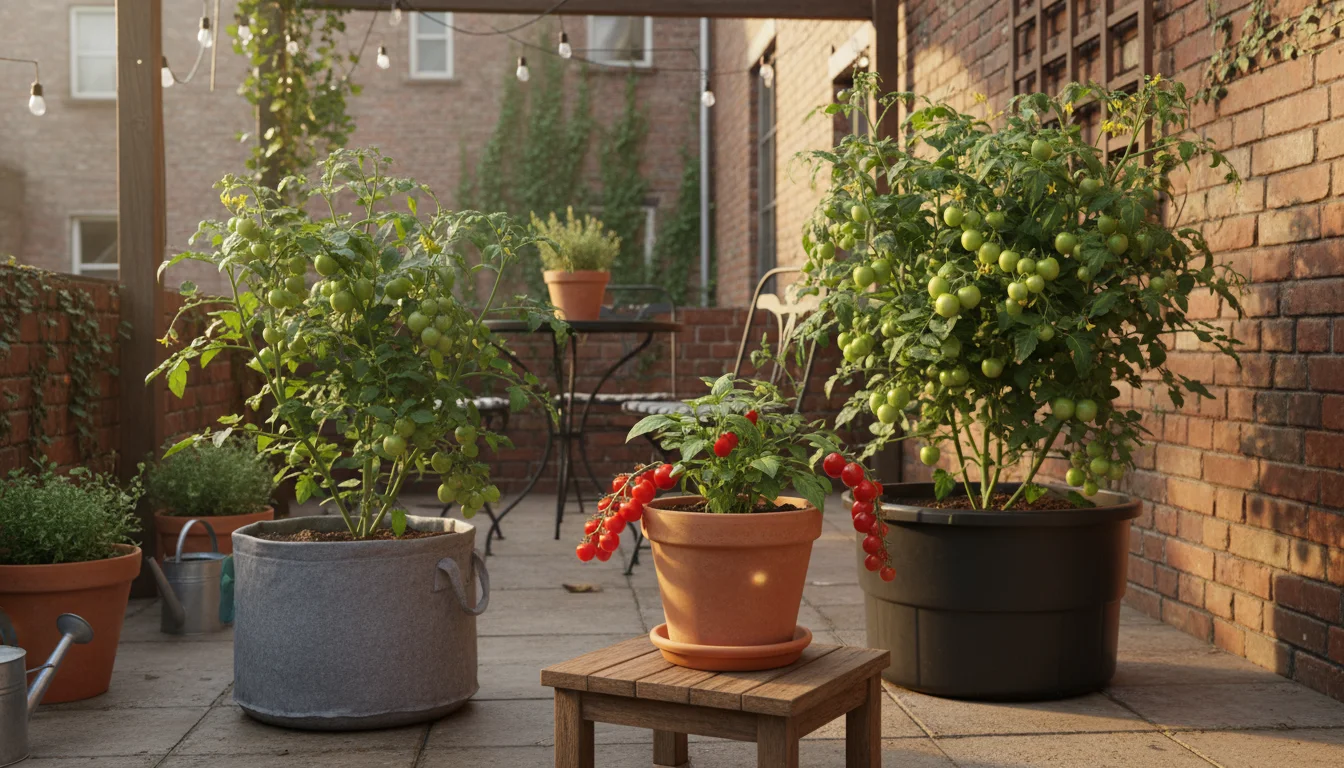 Three distinct container tomato plants ('Tiny Tim', 'Patio Princess', 'Bush Early Girl') on an urban patio, illustrating different sizes and suitable