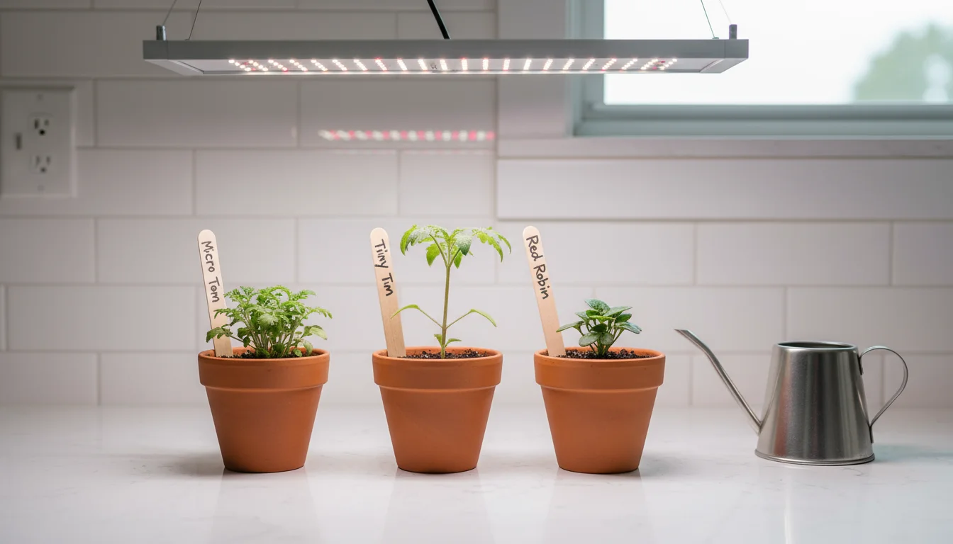 Three distinct dwarf tomato seedlings, 'Micro Tom', 'Tiny Tim', and 'Red Robin', in small terracotta pots under a grow light on a counter.