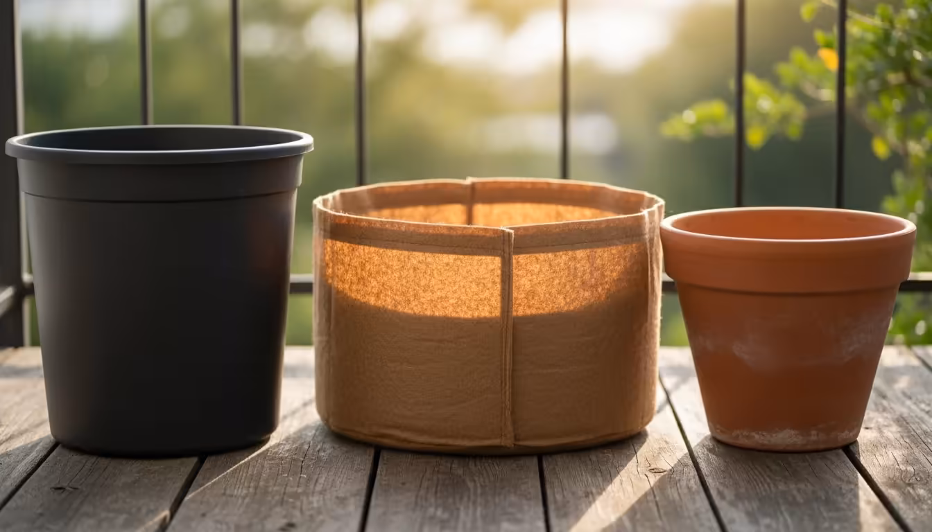 Three distinct empty containers (tall plastic, wide fabric grow bag, terra cotta pot) on a wooden balcony, showcasing varied depths and materials.