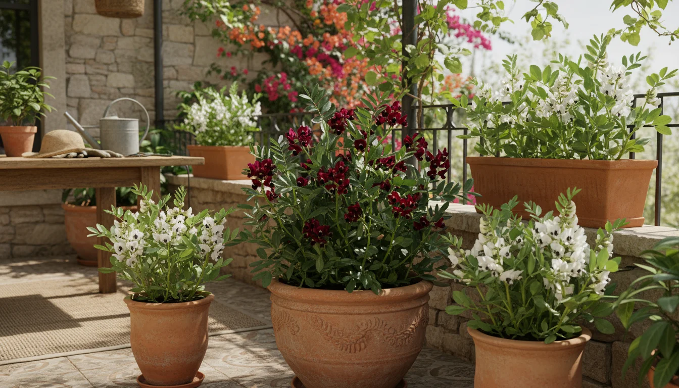 Three distinct fava bean varieties, including one with crimson flowers, flourishing in terracotta pots on a sunny patio.