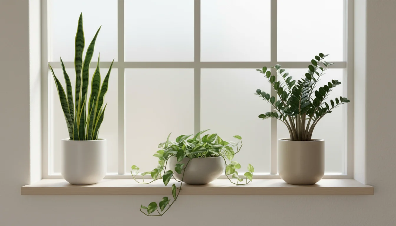 Three distinct foliage plants in minimalist ceramic pots are neatly arranged on a floating shelf below a north-facing window, softly lit.
