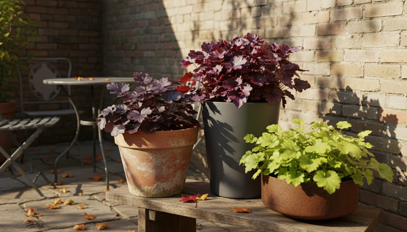 Three distinct Heuchera plants in varied containers on a sun-dappled patio: dark 'Obsidian', vibrant 'Forever Purple', and a light-hued variety.