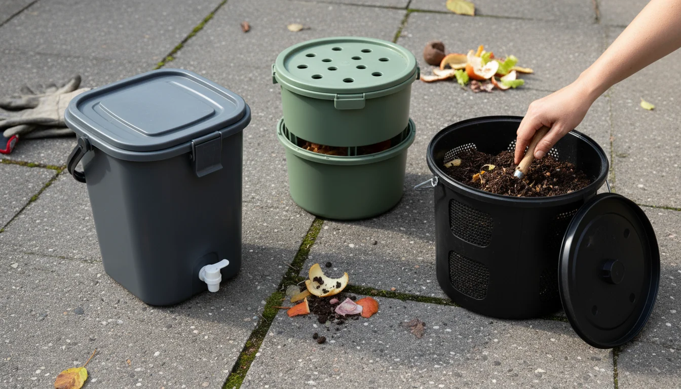Three distinct mini compost bins on a patio – a bokashi, vermicomposter, and aerobic bin – with a hand gently resting on one, surrounded by small plan