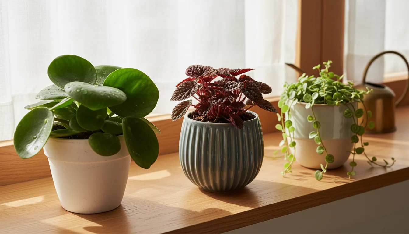 Three distinct Peperomia plants (Baby Rubber, Ripple, String of Turtles) in small ceramic and terracotta pots on a bright windowsill.