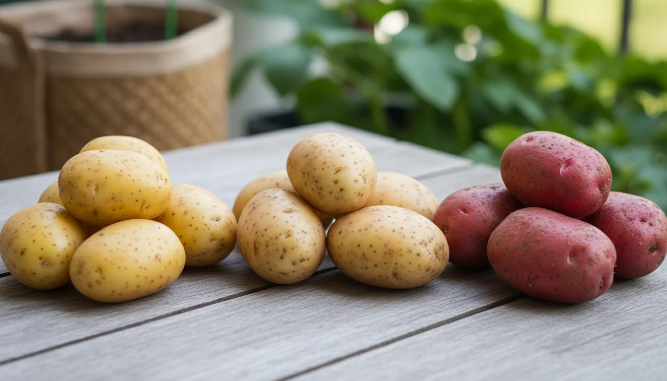 Three distinct piles of freshly harvested potatoes – Yukon Gold, Kennebec, Red Pontiac – on a wooden balcony table.