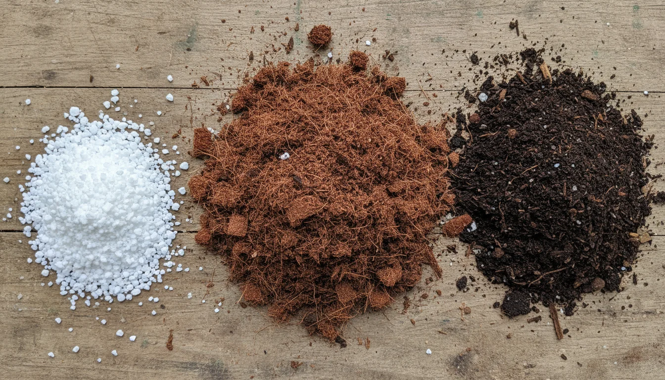Close-up of three distinct piles of peat-free potting mix ingredients: dark coir, bright white perlite, and rich compost, on a wooden bench with a han