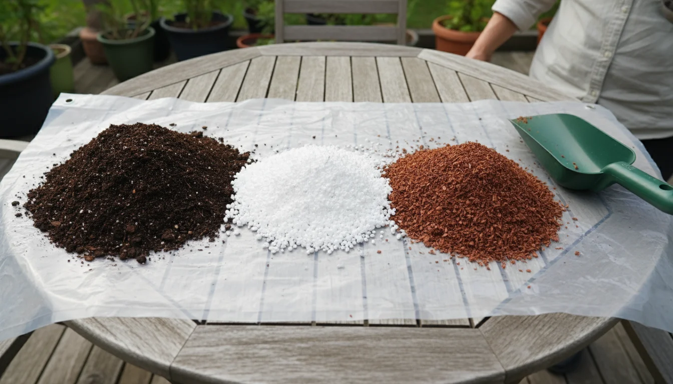 Three distinct piles of potting mix, perlite, and pine bark fines measured on a tarp with a green garden scoop.