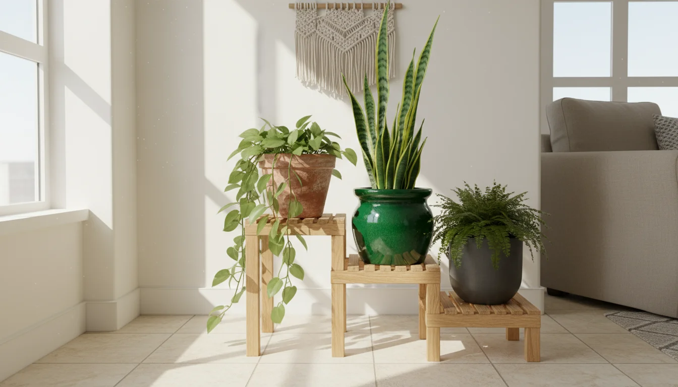 Three distinct plant pots – terracotta, vibrant green ceramic, and sleek grey metal – holding diverse houseplants on a wooden stand.