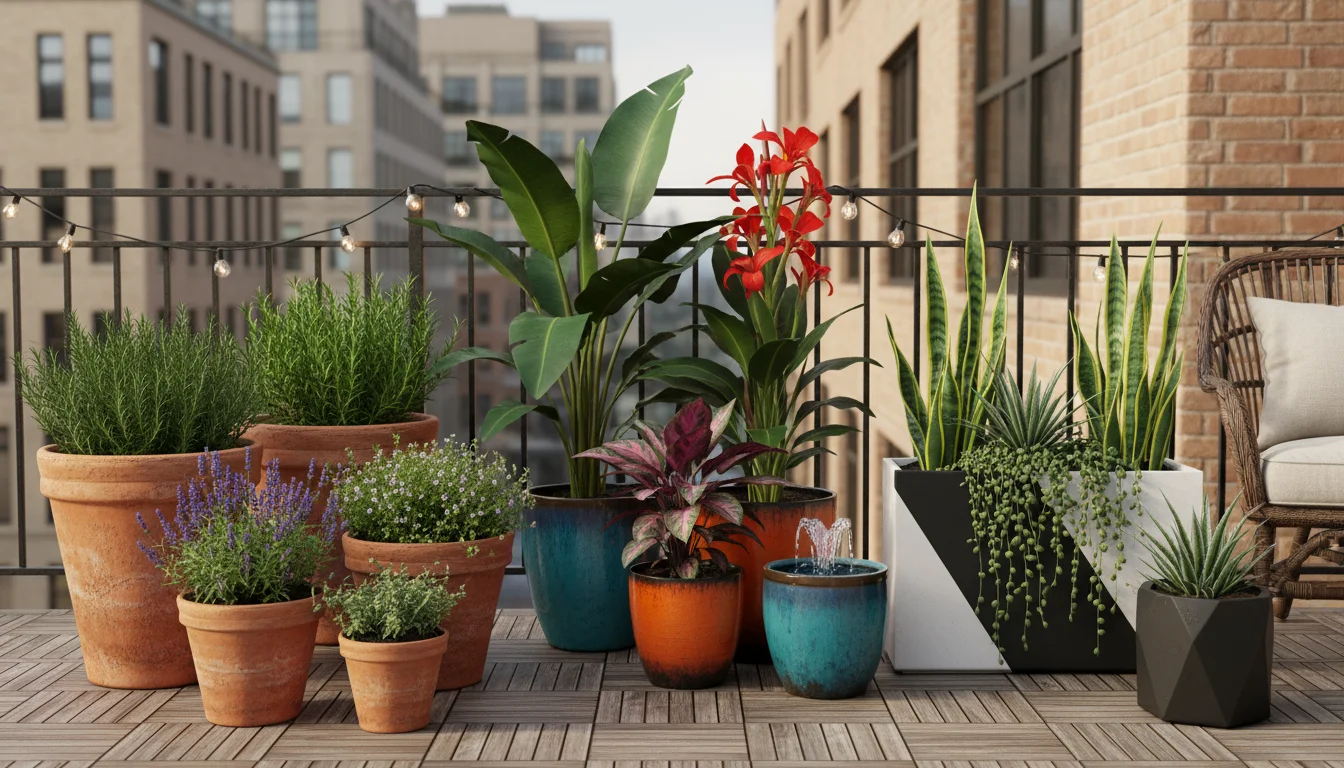 Three distinct themed container gardens on an urban patio: Mediterranean herbs in terracotta, vibrant tropicals in glazed pots, and minimalist succule