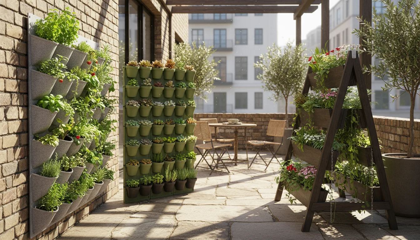 Three distinct vertical garden systems on a sun-dappled urban patio: a fabric pocket planter, a modular plastic wall panel, and a stacked tiered plant