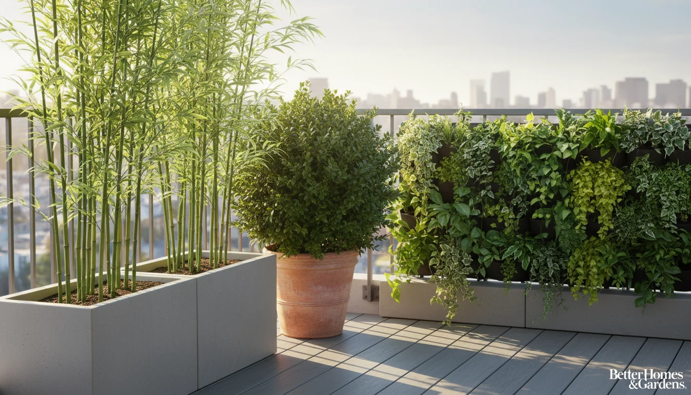 Three diverse container plants—tall clumping bamboo, dense evergreen shrub, and vertical garden foliage—arranged on a sunny urban balcony for privacy.