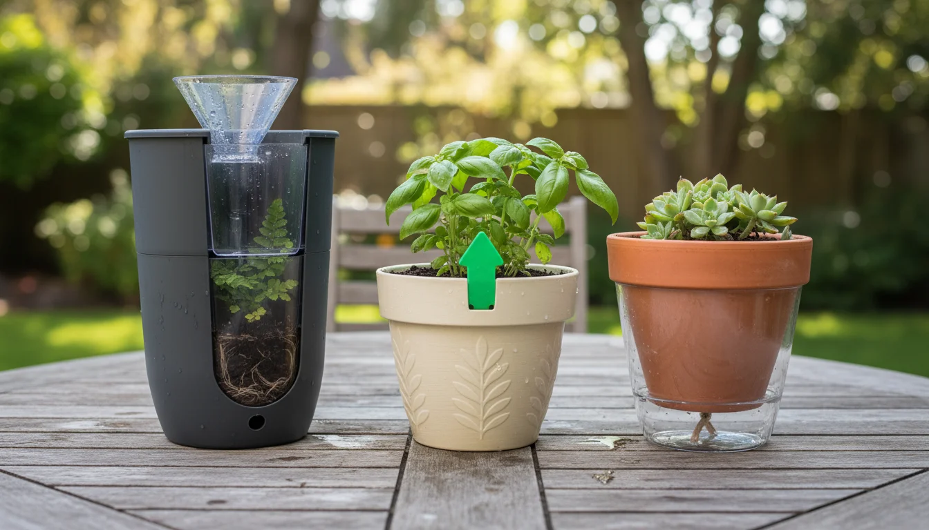 Three diverse self-watering containers on a patio table, highlighting a vertical planter segment's filler tube and a pot's wicking indicator.