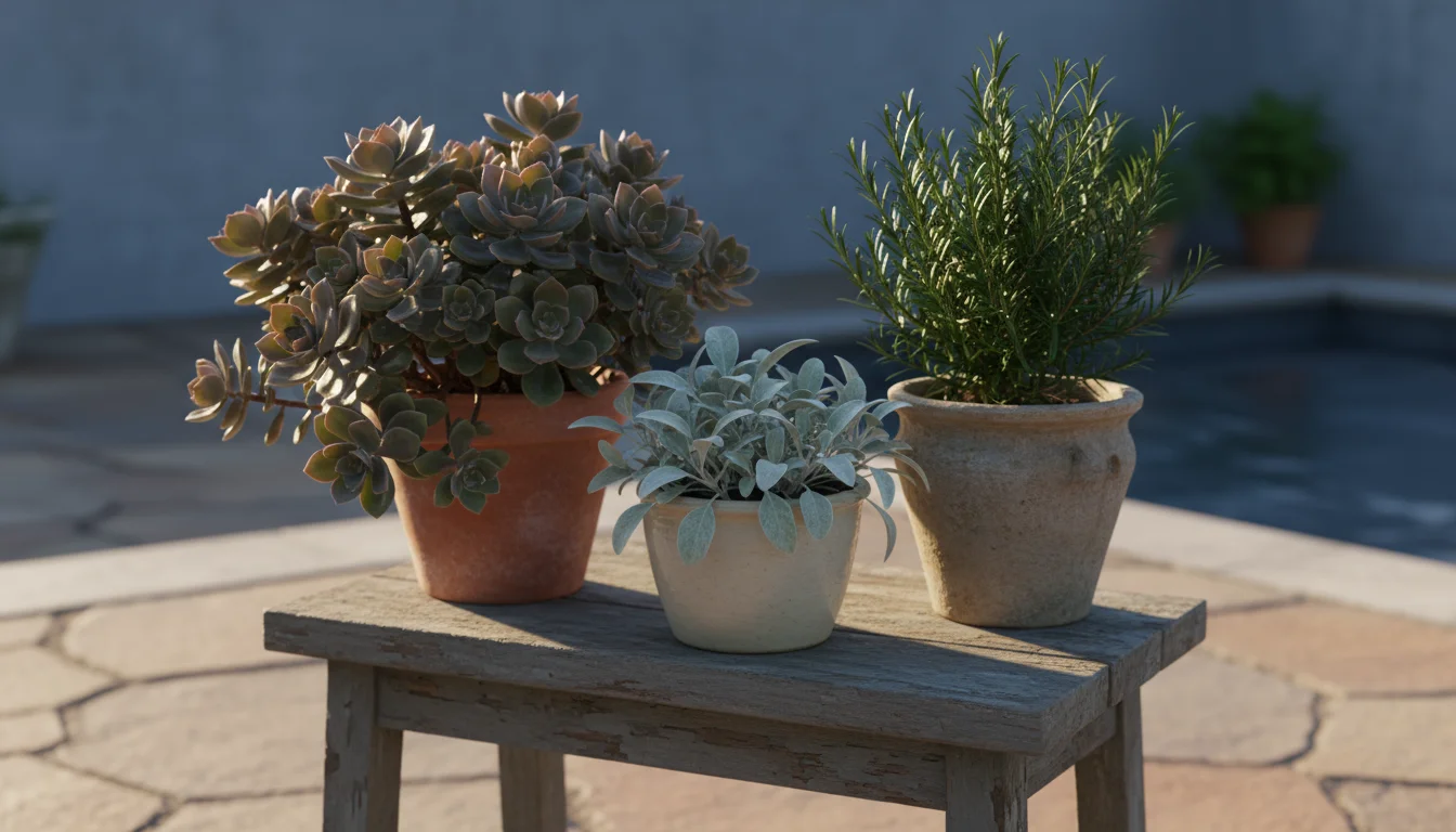 Three drought-tolerant plants – sedum, lamb's ear, rosemary – showing fleshy, silvery, and narrow leaves in pots on a patio stool.