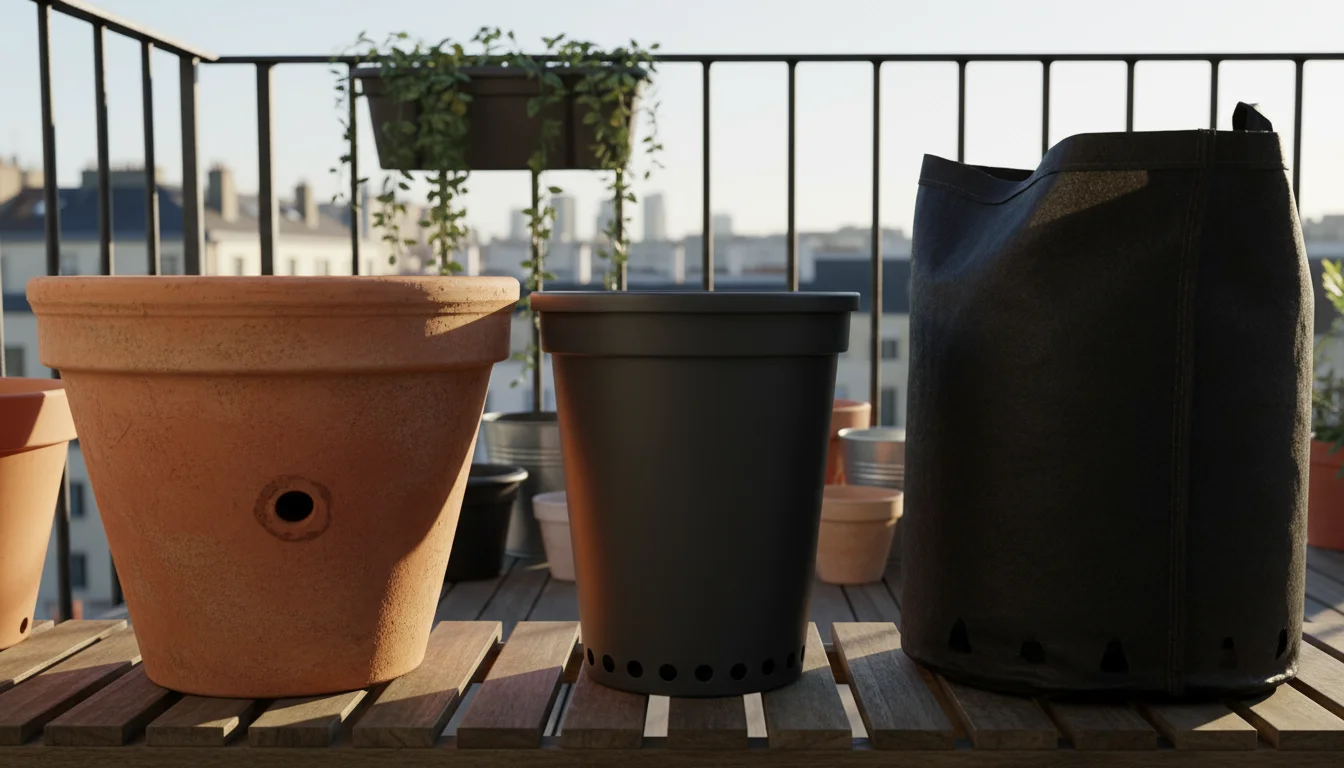 Three empty, deep gardening containers of terracotta, plastic, and fabric, displayed on a sunny urban balcony.