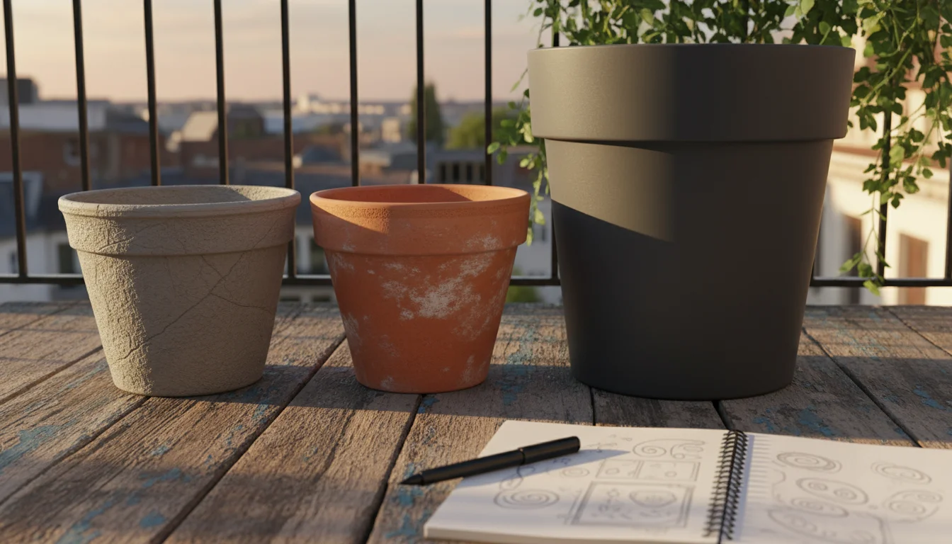 Three empty garden pots – resin, terracotta, and plastic – on a balcony deck, with a sketch and pen, under soft light.