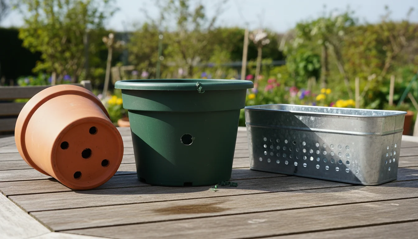 Three empty gardening containers – terracotta and plastic – on a wooden table, showcasing drainage holes and a measuring tape, on a patio.