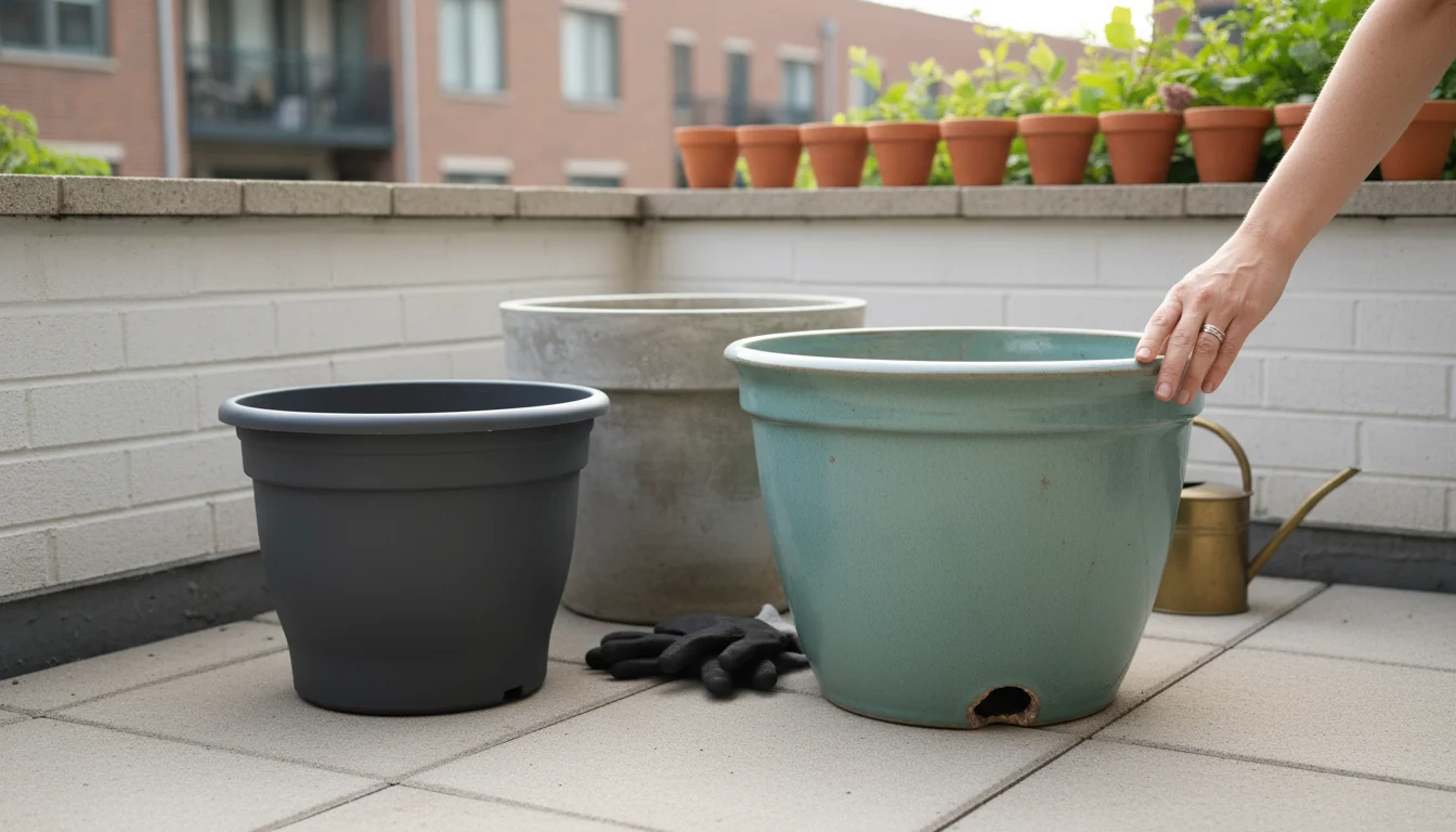 Three empty gardening pots of varied sizes and materials sit on a clean patio. A hand touches the largest pot, which has a visible drainage hole.