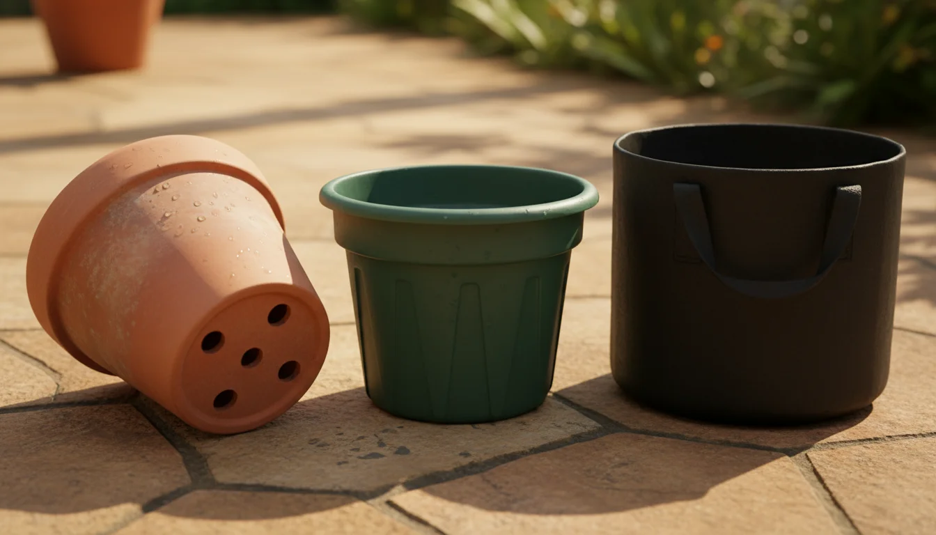 Three empty one-gallon pots (terracotta, plastic, fabric grow bag) on a sunlit flagstone patio, one tilted to show its drainage holes.
