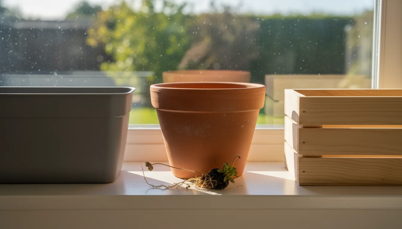 Three empty window box planters – light grey plastic, terracotta, and light wood – on a bright windowsill with a bare-root strawberry plant.