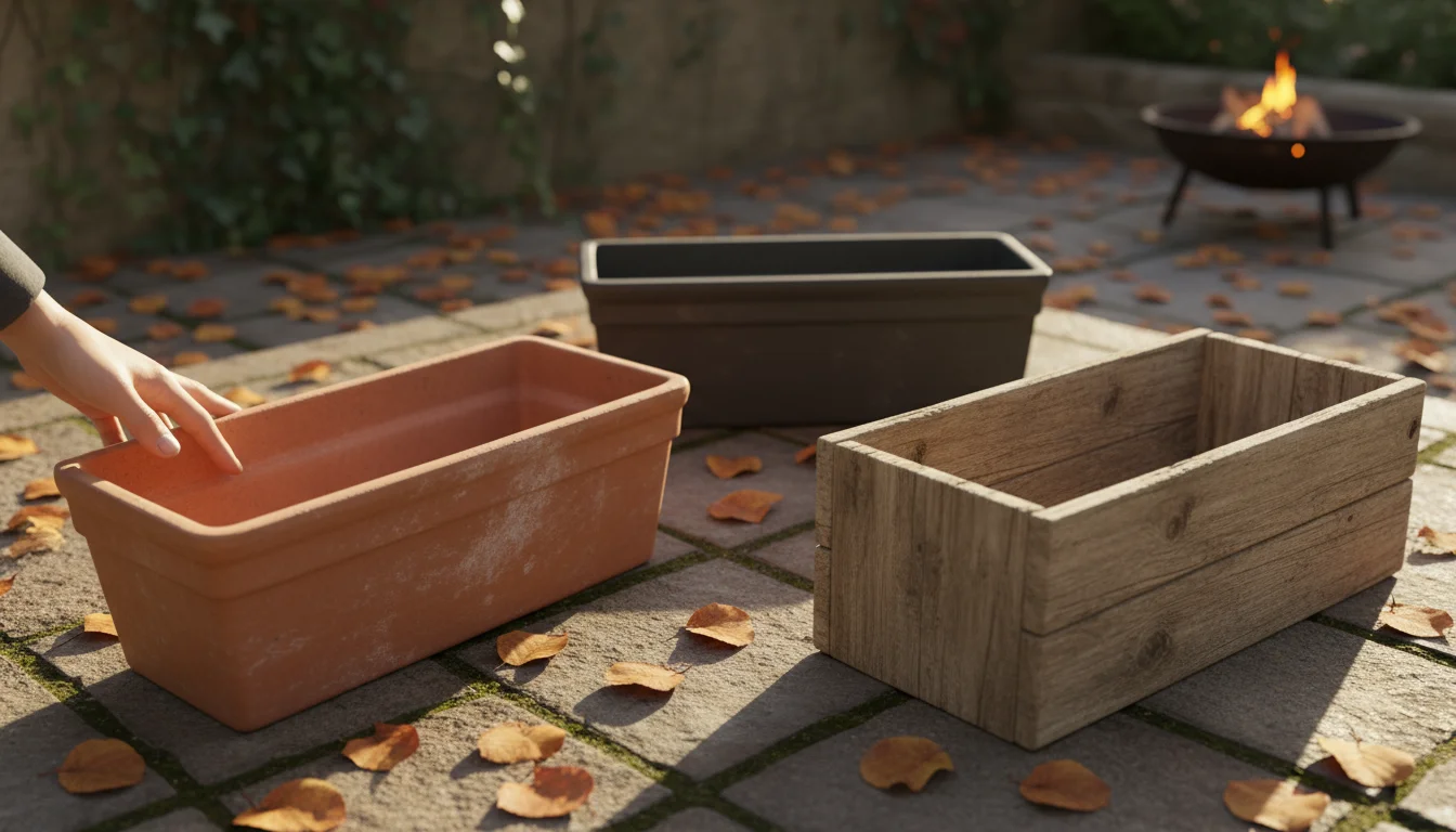 Three empty window boxes—terracotta, composite, and wood—are arranged on a patio, with a hand gently touching one.