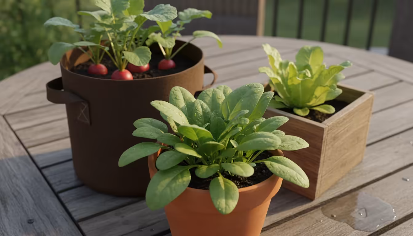 Close-up of three fast-growing vegetables—spinach, radishes, and lettuce—thriving in distinct containers on a patio, bathed in soft afternoon light.
