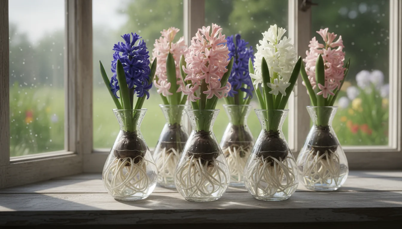 Three forced hyacinths, in full bloom, within clear hourglass vases on a light wooden windowsill, their roots visible in water.
