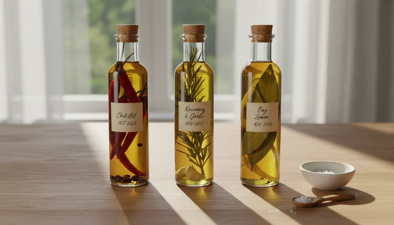 Three glass bottles of infused oils, containing dried herbs, neatly arranged on a wooden counter with a blurred potted herb plant in the background.