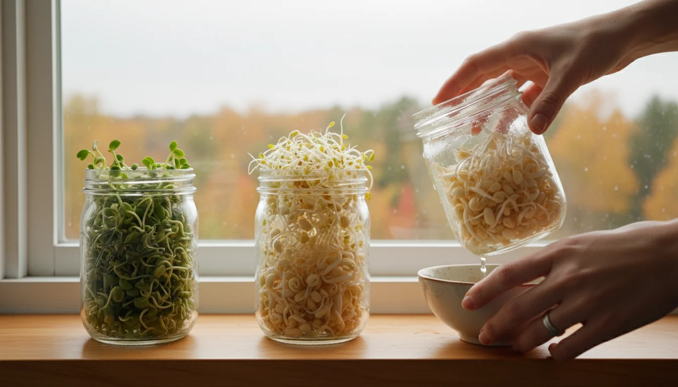 Three glass jars filled with growing sprouts sit on a sunny wooden windowsill, with a person's hands gently tipping one jar.