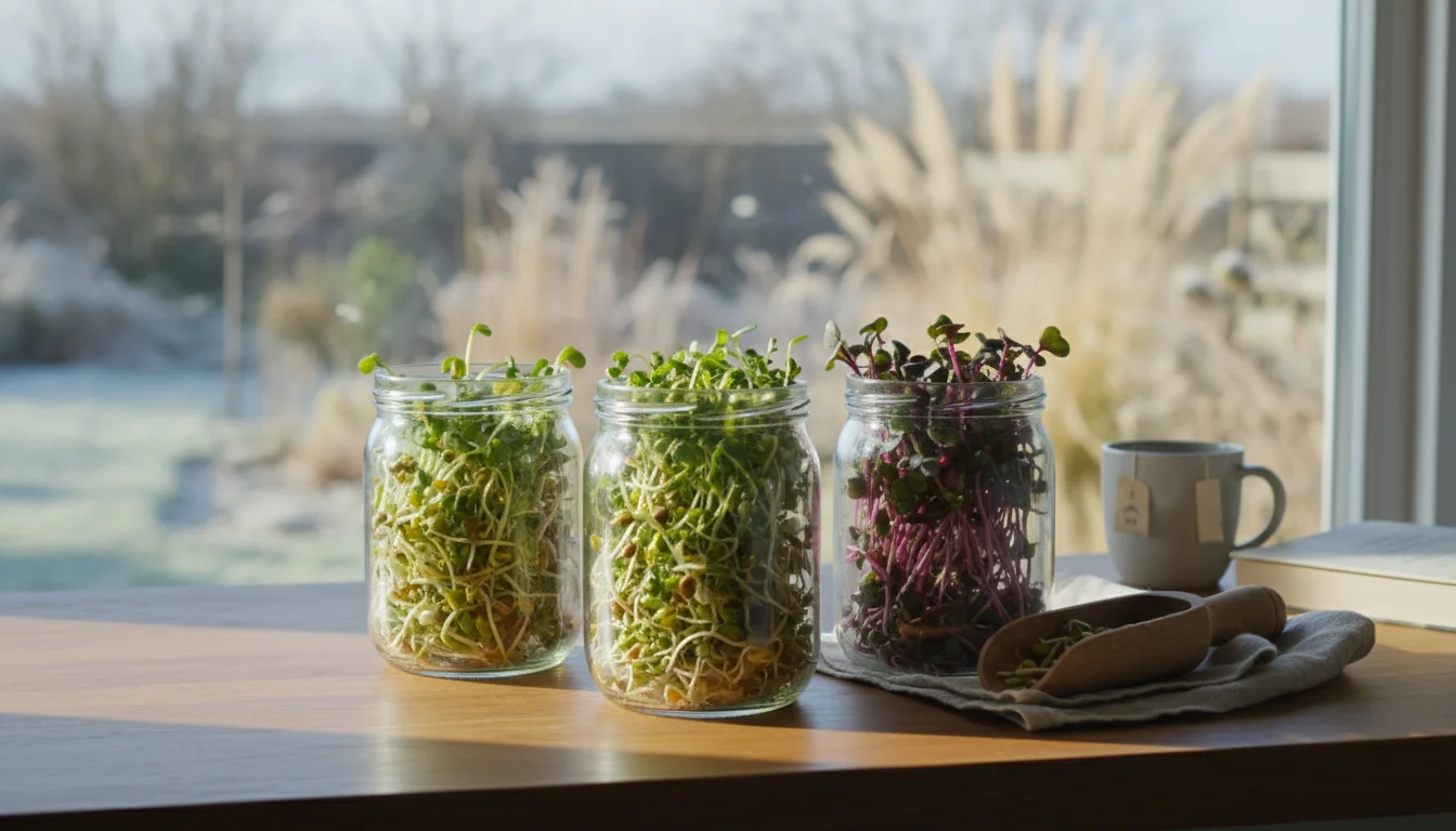 Three glass jars of vibrant sprouts on a sunlit kitchen counter. A blurry window behind shows a dormant winter garden.